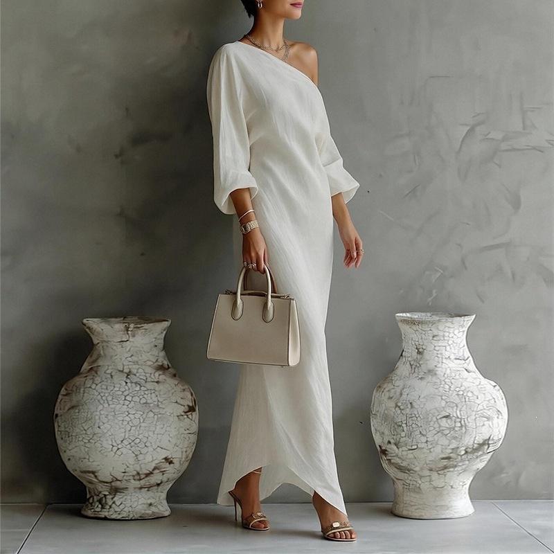 European and American women s clothing, new spring models, diagonal neck off-the-shoulder lantern sleeves, long casual dress. S белый