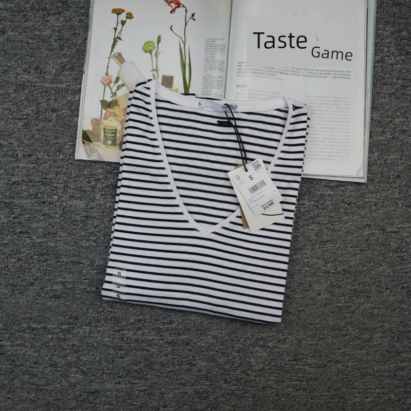 

Оригинальный заказ для внешней торговли Женская летняя футболка с коротким рукавом круглым вырезом V-образным вырезом Базовая рубашка Топ Свободный Хлопок Эластичный хлопок V Neck Black/White Pinstripe M