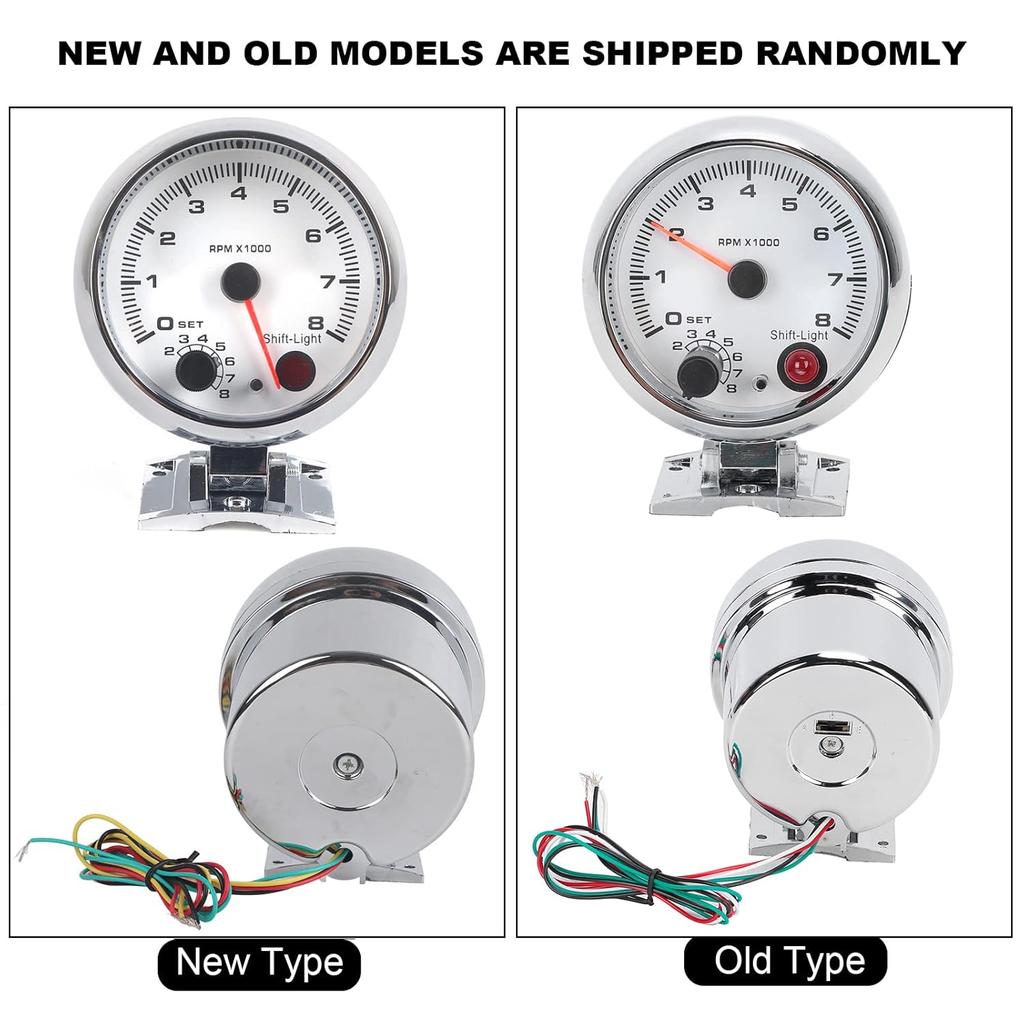 Tachometer 12V for 4/6/8 Cylinder Gasoline Vehicles, 0-8000 RPM, 3.75in, 7 Color Background Lights, Chrome Bracket, White Face