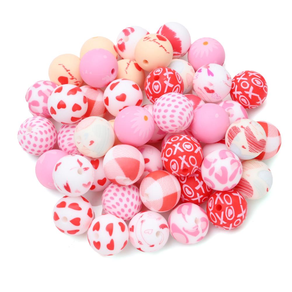 

10Pcs 15mm Baby Infant Nipple Appeal Other Chain Clips Dummy Holder Nipple Accessories Pink Love Print Food Grade Silicone Beads