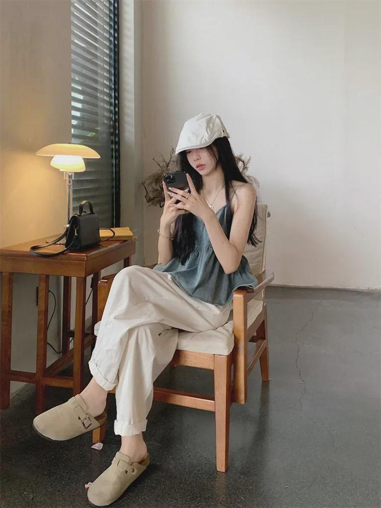 Džínová vesta s plisé v korejském stylu: Dámský top bez rukávů s volánky a vrstvením a tílko s výstřihem do V