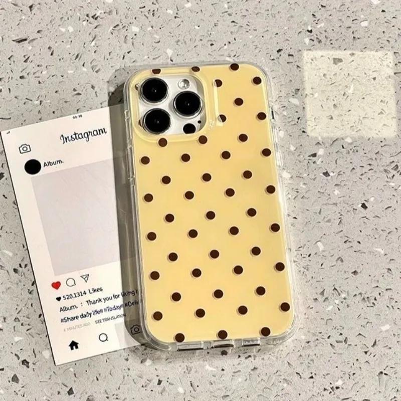 Modne Żółte Etui na Telefon z Brązowym Wzorem w Grochy Dla Dla Iphone 17 AIR 16 1 14 13 12 11 Pro MAX Plus Y2K Odporne na Wstrząsy Pokrowiec