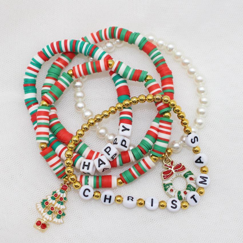 European & American Christmas Tree Letter Elastic Bracelets Set - Mixed Color Polymer Clay