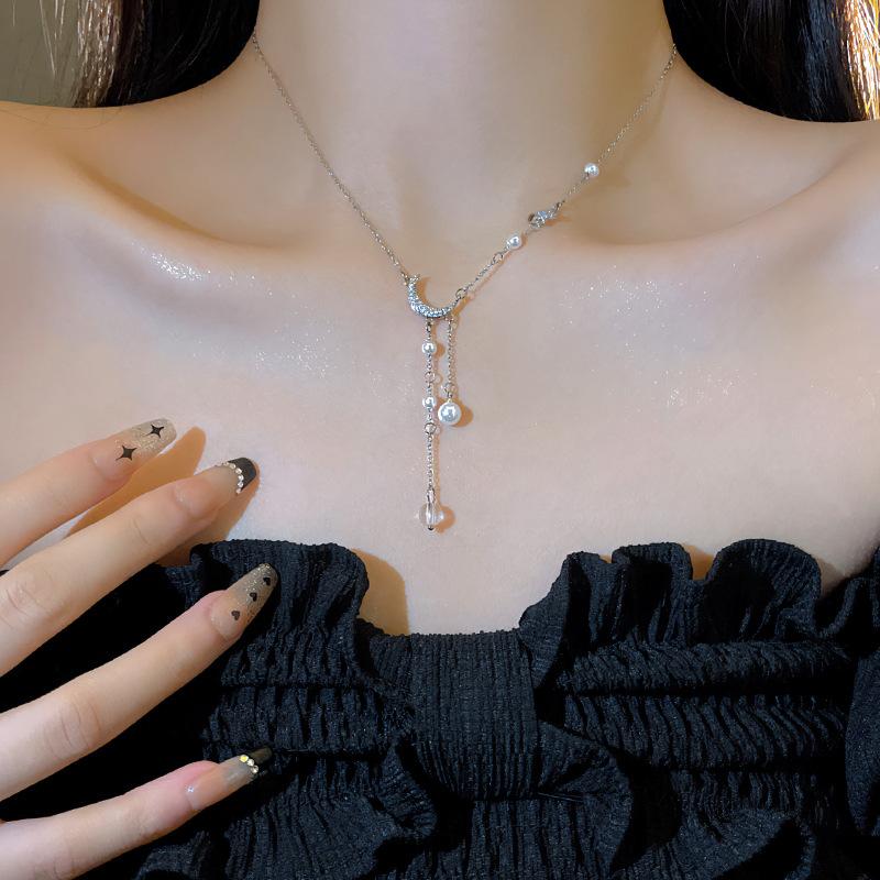 New 925 Silver Star Moon Necklace Pearl Tassel Collarbone Chain Sparkling Zircon Pendant Wedding Jewelry Accessories