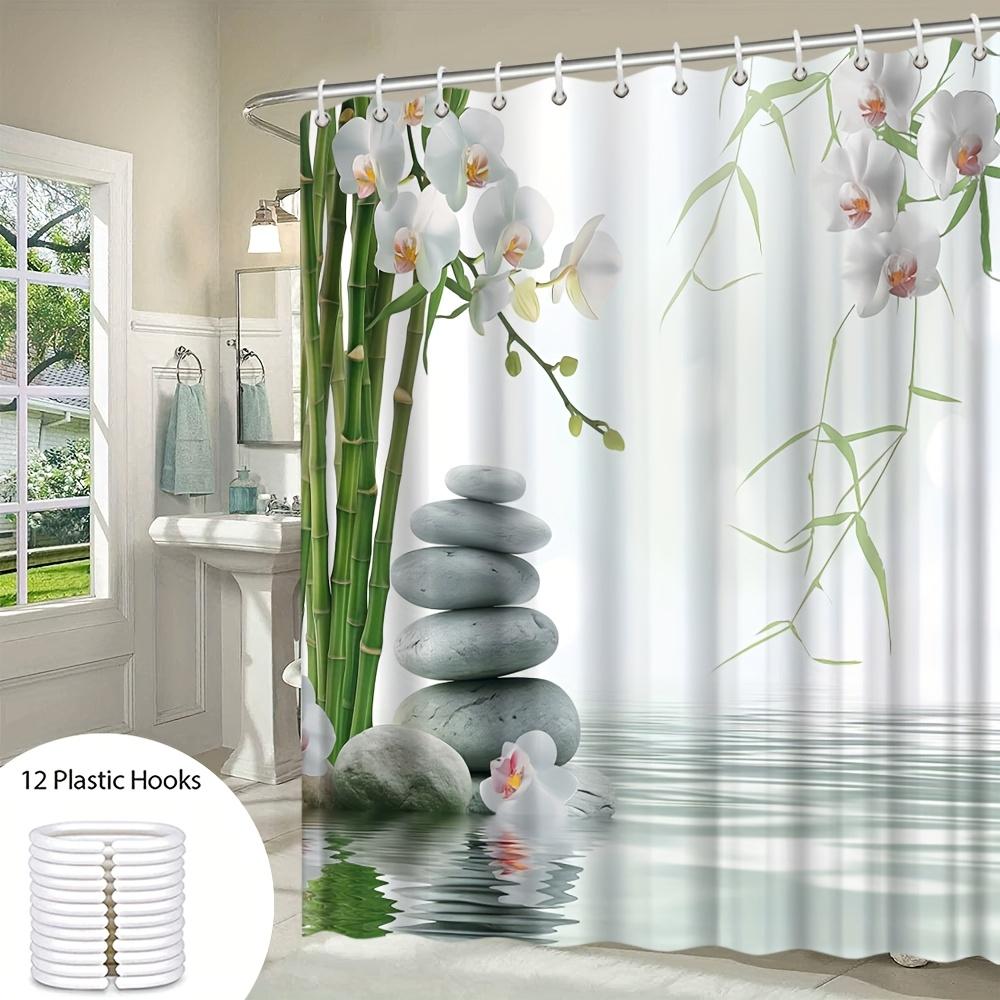 Waterproof Shower Curtain with Zen Inspired Design Featuring Stacked Stones Bamboo and Orchids for a Relaxing Bathroom
