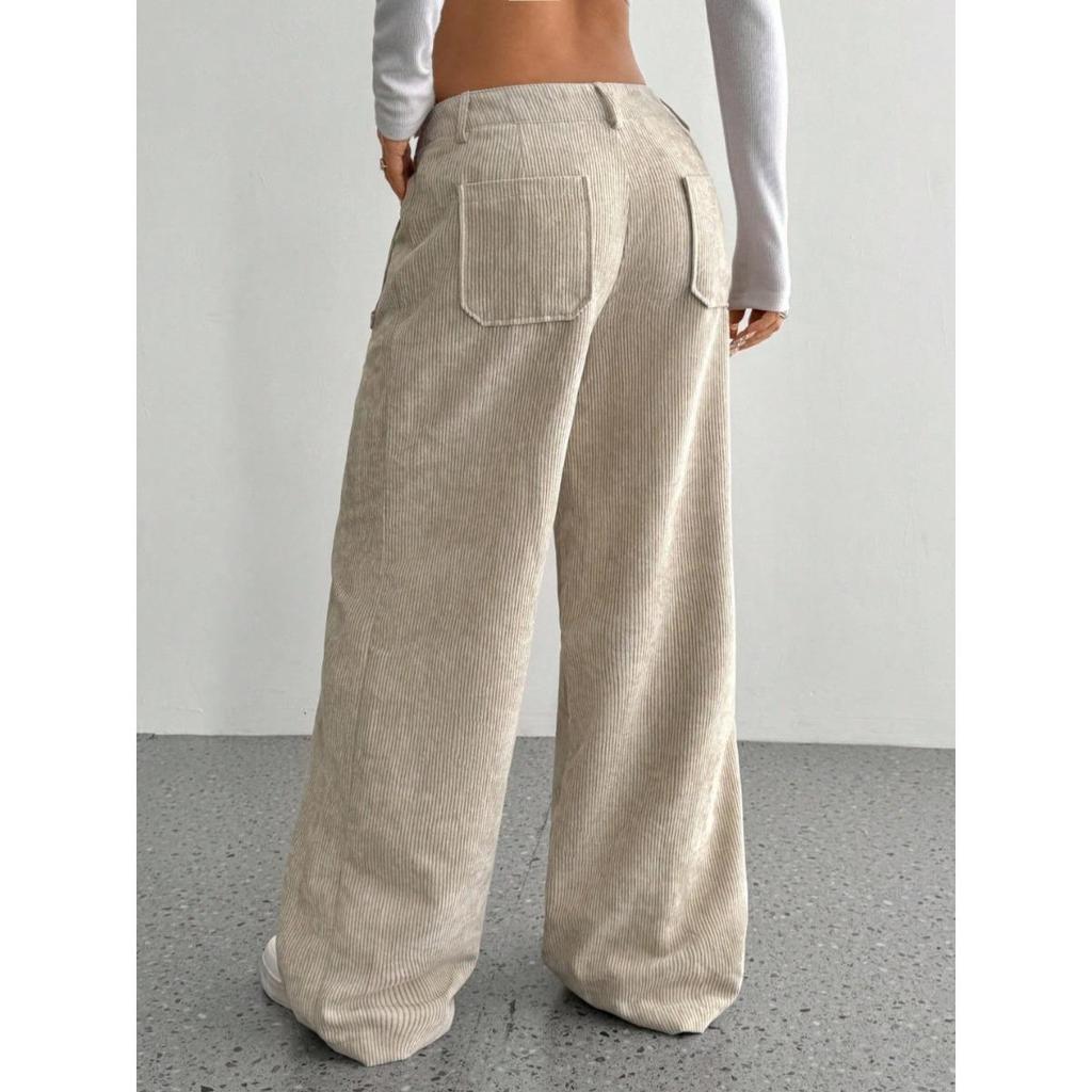 Corduroy-Textured Women's High-Waisted Wide-Leg Pants | Relaxed Fit, Side Pockets & All-Season Comfort, Machine Washable Beige Trousers