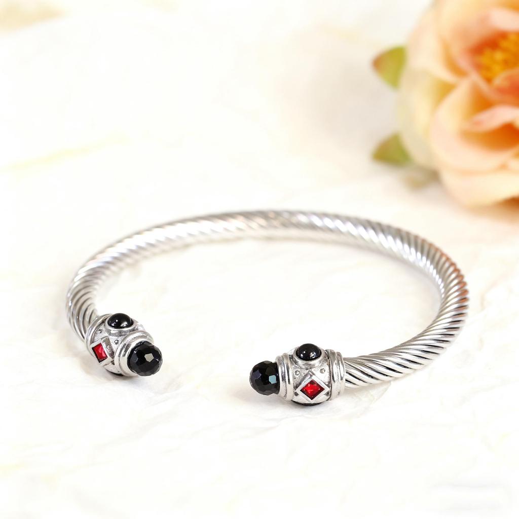 Stylish European-American 18K Gold Stainless Steel Wire Bracelet for Women, Geometric Open Design, Inlaid with Colored Diamonds, Colorfast.