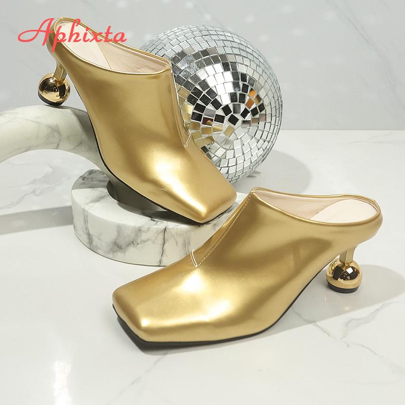 Fashion Aphixta 8cm High Heels Elegant Women Slides Square Toe Shallow Gold Heels Slides Sexy Metal Strange Style Heels Shoes Size 42