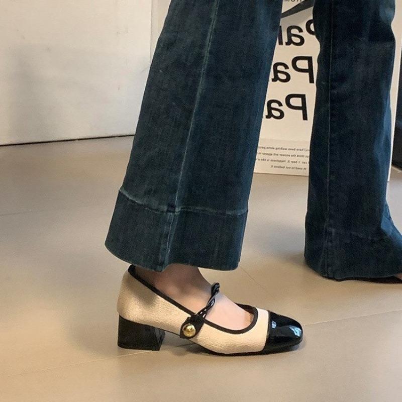 Women's Mixed Color High Heels Buckle Mary Jane Shoes Black Toe High Heels Fashion Patchwork Women Heels