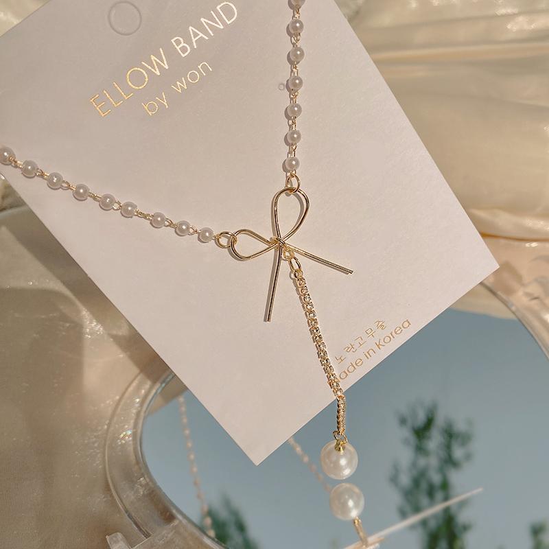 iF ME Elegante Perlenanhänger Halskette Schleife Kristall Gold Kette Halsband Schmuck Zubehör