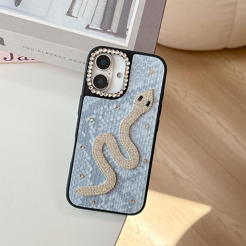 Silver Snake Rhinestone Mobile Phone Case Is Suitable For Apple 17Promax Solid Color Leather Iphone16 Light Luxury Fashion 15Plus