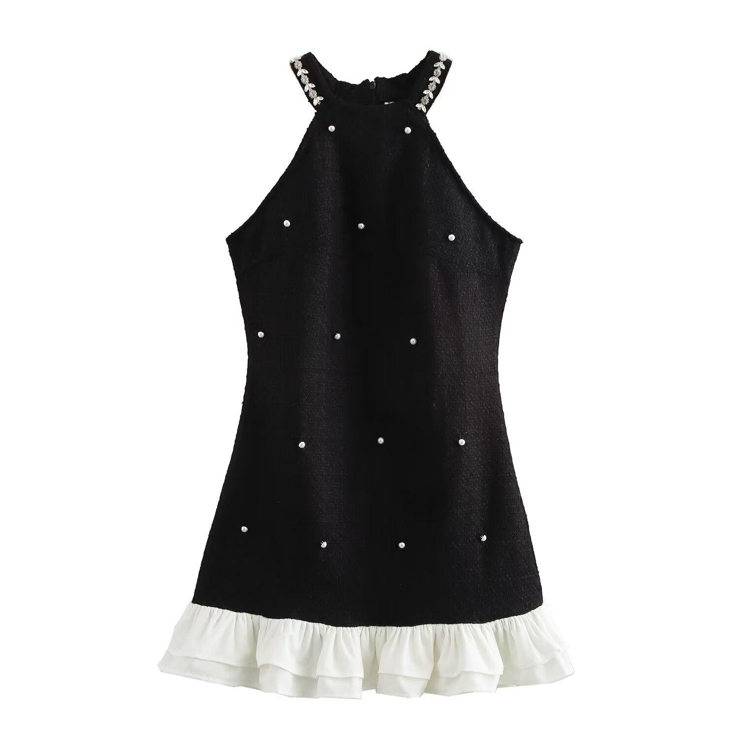 

2024 Осень Женское Европейский и Американский Стиль Платье Халтер с Кружевом и Шипами S чёрный