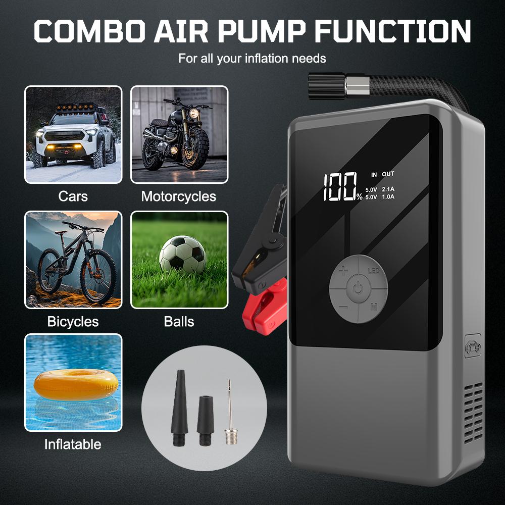 Power Bank with LED Light Jump Starter Tire Accessories 2000A Peaks with Air Compressor Automobile Battery Booster Power Pack