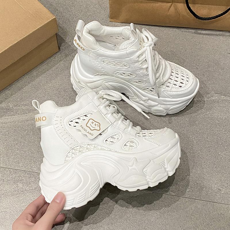 Fashion New 2025 Chunky Leather Sneakers Summer Lace-up Casual Vulcanized Shoes Woman High Platform Breathable Mesh Sport Dad Shoes 10CM
