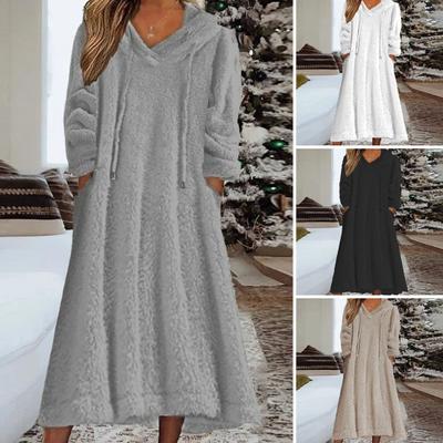 Robe mi-longue en polaire pour femmes, automne-hiver, chaude, en peluche, manches longues, capuche, cordon de serrage, sweat-shirt avec poches