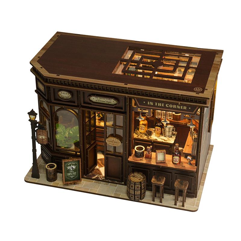 DIY Corner Tavern House Wooden Miniature Model Kit 3D Puzzle with Light Furniture Doll Houses Cottage for Friends Birthday Gifts