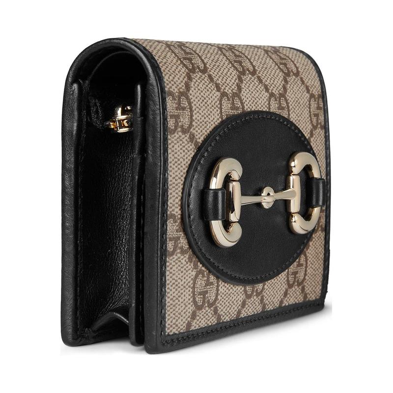 Gucci Horsebit GG Letter Pattern Horsebit Detail Fabric Card Holder Women's Beige and Dark Brown
