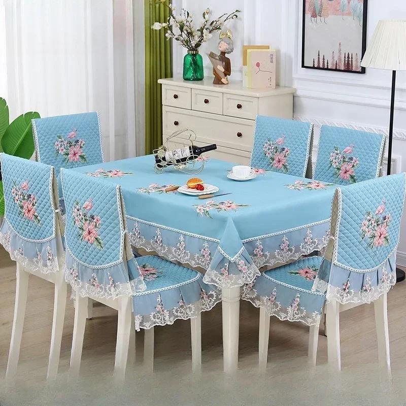 Capa de cadeira de renda ondulada com padrão de flores, toalha de mesa de jantar espessada, almofada, estilo europeu, grande, capa de cadeira de toalha de mesa com flores