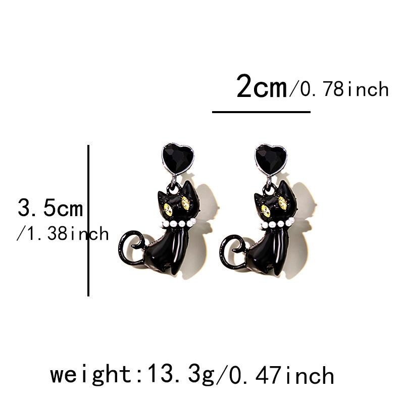 Cute Crystal Heart Kitten Earrings for Women Cartoon Animal Black Cat Dangle Earring Funny Everyday Jewelry Brincos Accessories