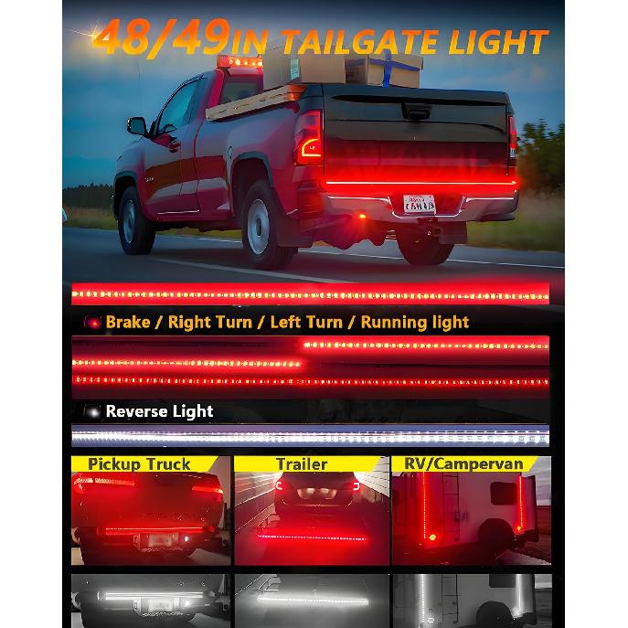 Qasim 48/49Inch LED Truck Tailgate Light Strip 5 Function Red/White For Tail Running Brake Light Turn Signal Emergency Warning Reverse Light For