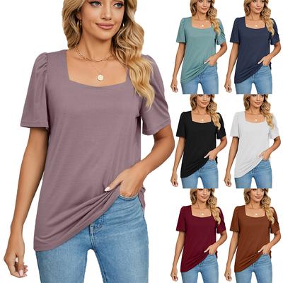 Summer Women Square Collar T Shirts Soft Thin Solid Color Short Sleeve Loose Breathable Large Size Tops Casual Match