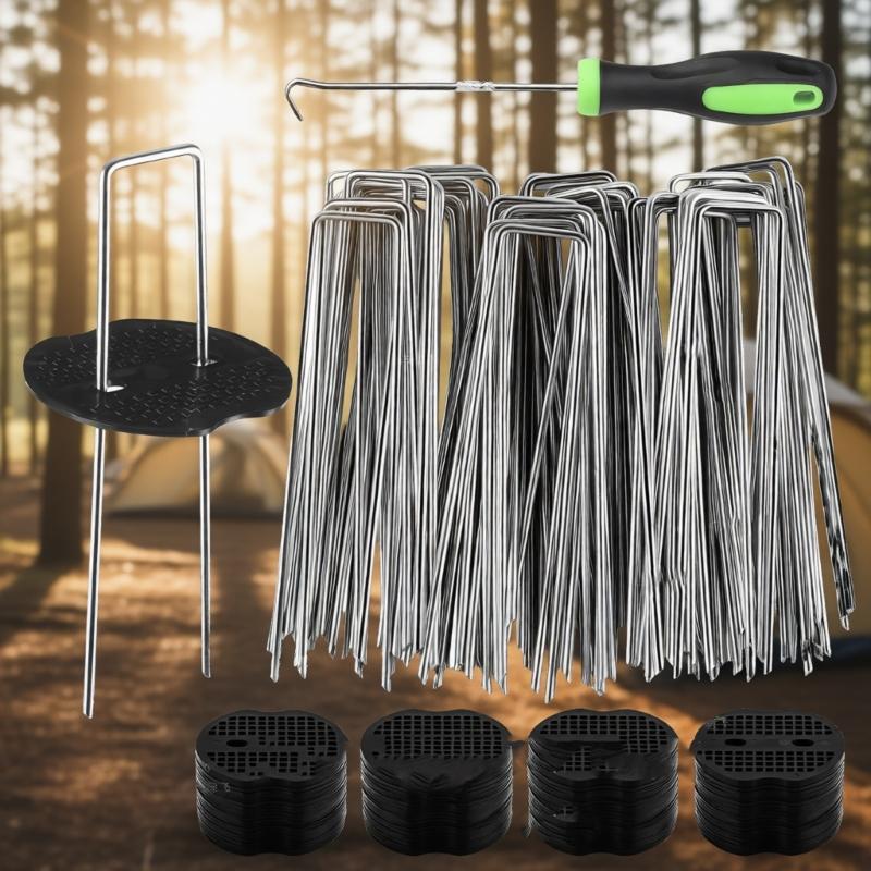 50Pcs Landscape Fabric Pin Stake Landscape Staple with Gasket U Shape Tent Peg for Outdoor Camping and Hiking