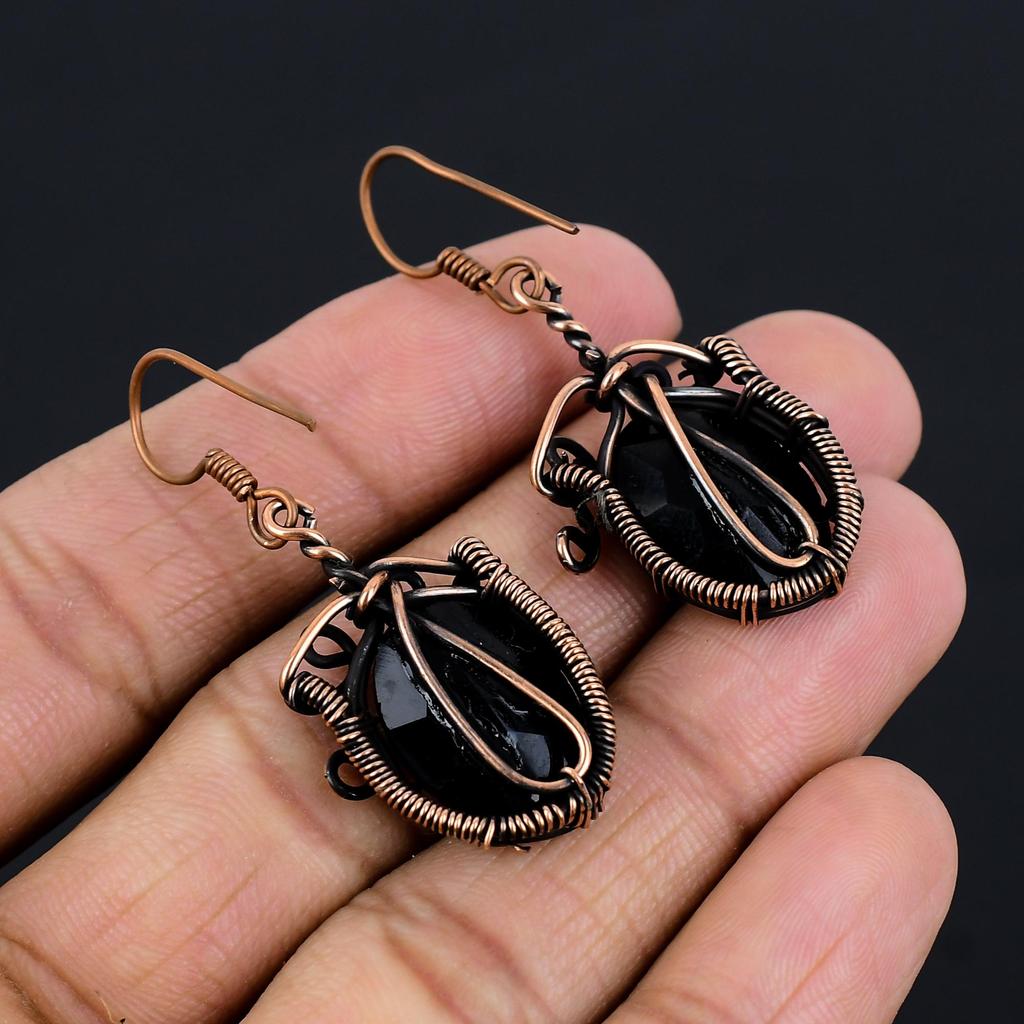 Black Onyx 999 Copper Wire Wrapped  Earrings, Handmade Gemstone Jewelry Earrings For Memorial Day