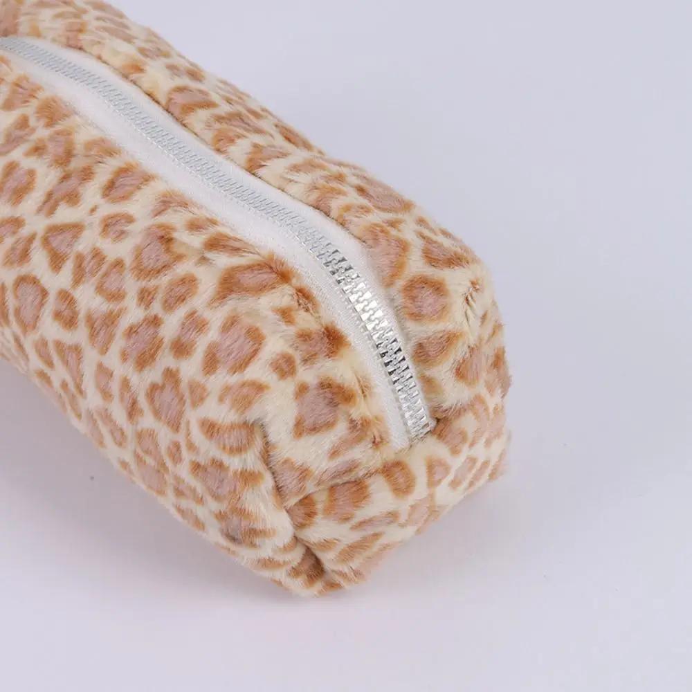 New Plush Pen Bag Leopard Printted Pattern Large Capacity Stationery Storage Bag Pencil Case Student Gift
