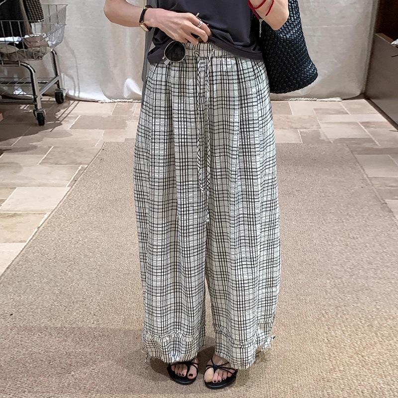 Fungus edge plaid wide-leg pants women's summer thin new retro high-waisted loose casual straight Yamamoto pants