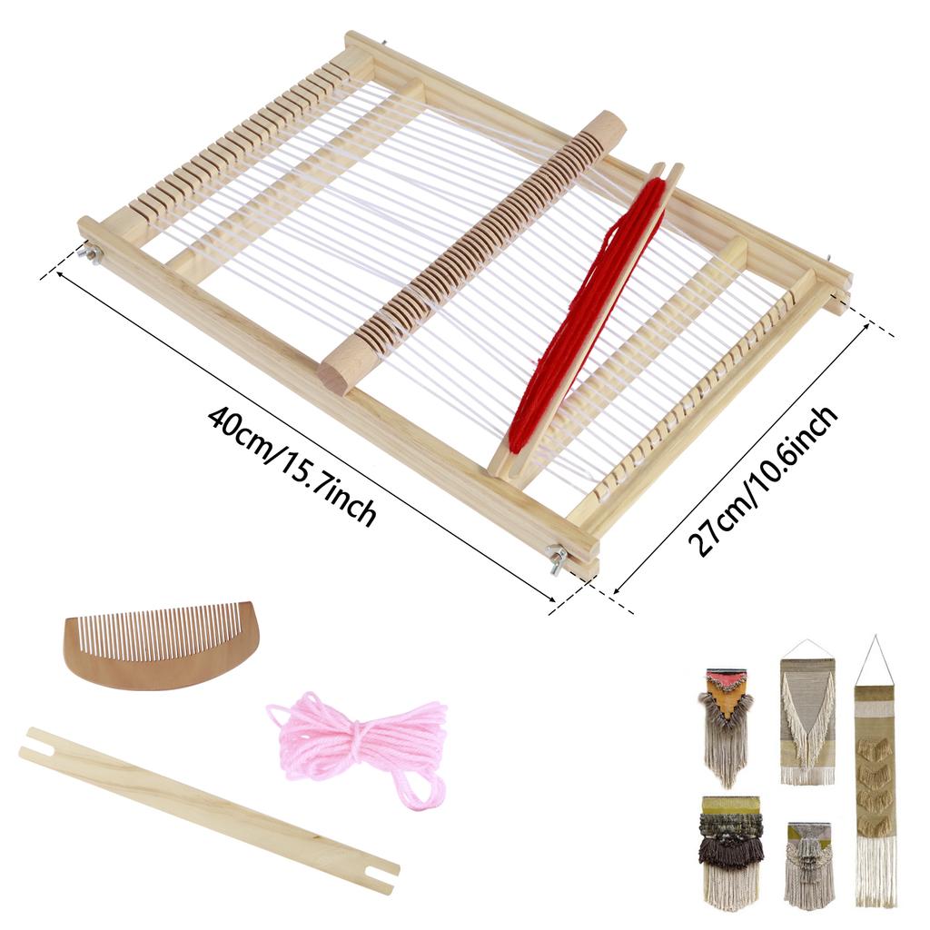 Wooden Weaving Loom Kit Frame with 3 Colors Yarns Wooden Comb Winder Hand Weaving Loom Earthy Beginner Tapestry Kit