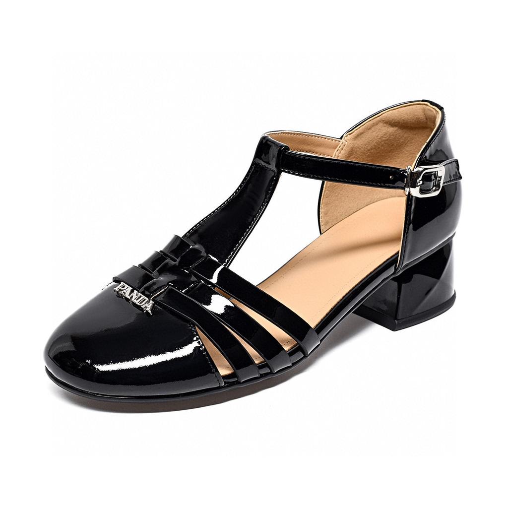 Sandals Women's Summer New Round Head Hollow T-button Thick Heel Hollow Woven Women's Sandals
