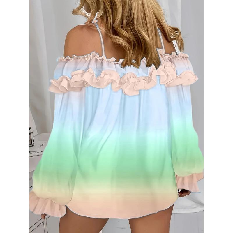 YYFS Women's Fashion Casual Spring Autumn Colour Block Print Long Sleeve One Shoulder Blouses & Shirts