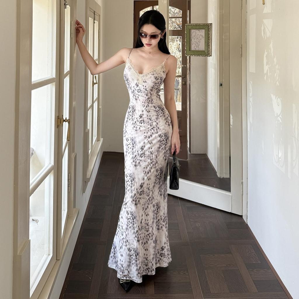 Sexy Lace Splicing V-neck Suspender Slim Dress Design Sense Pinched Waist Leopard Print Backless Lace-up Dress Women's Summer