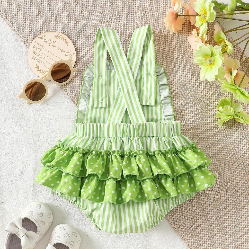 2025 Summer Infant & Toddler Lace Suspender Romper with Clover Embroidery