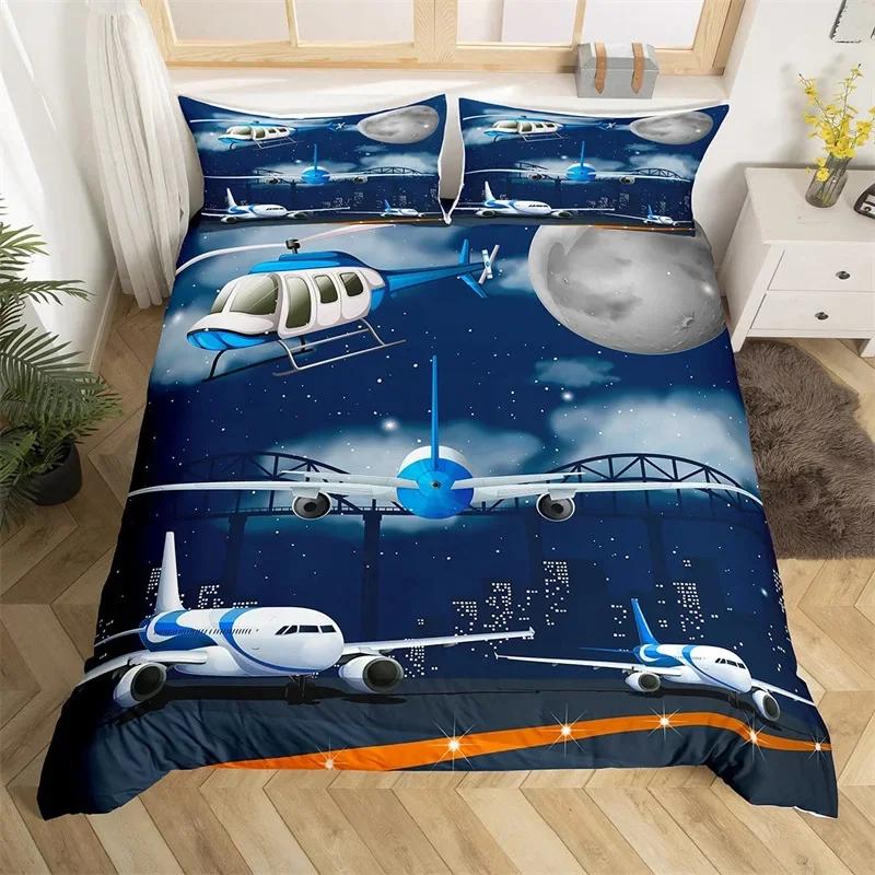 3D Airplane Duvet Cover King Aircraft Transportation Bedding Set Microfiber Globe Comforter Cover Helicopter Decor Quilt Cover