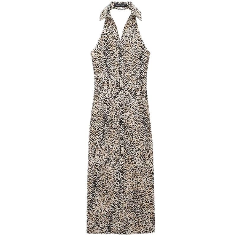 Fashion Style 2024 Summer New Women's Halterneck Collar Linen Blend Animal Print Shirt Dress 2587152
