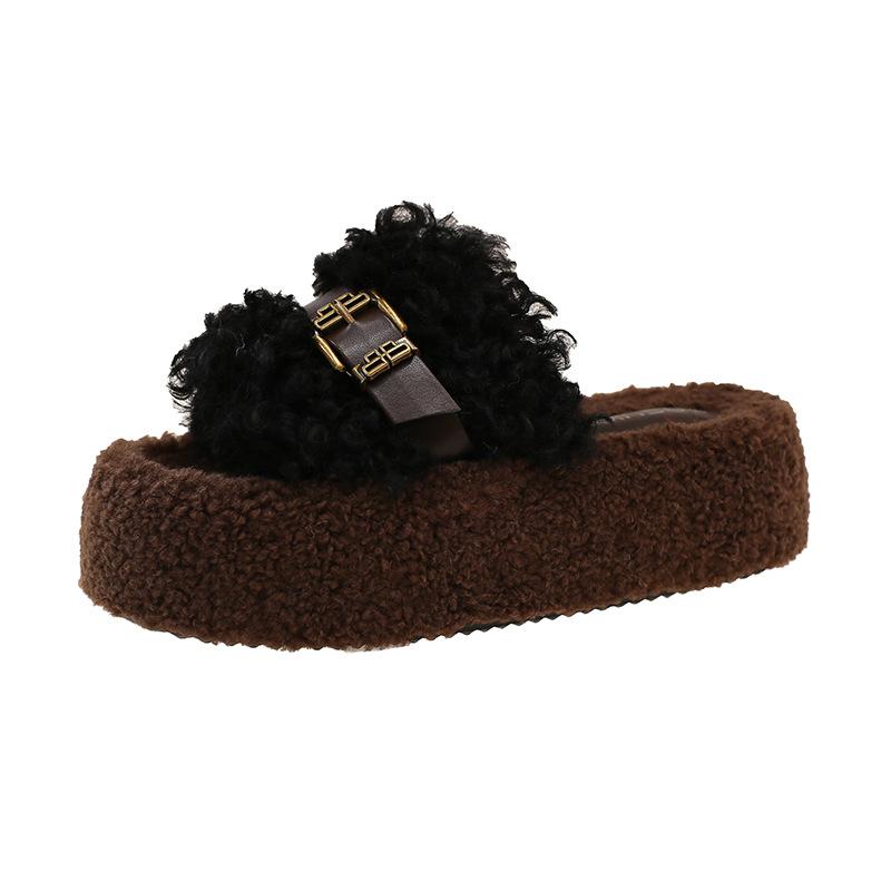 Internet Celebrity High-end Fluffy Slippers Women's Outer Wear 2025 New Popular Autumn and Winter Thick Bottom Heightening Lamb Plush Cotton Mop