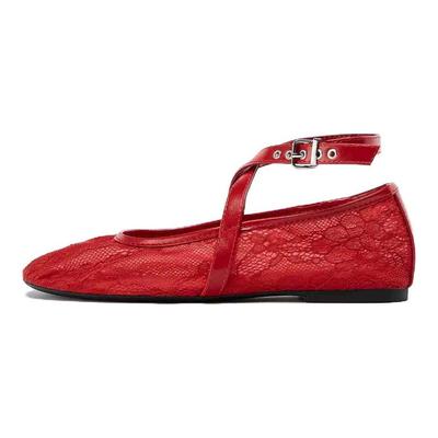 Comfortable Double Strap Lace Ballet Flat Casual Shoes Women Flats Red 13588510600-38