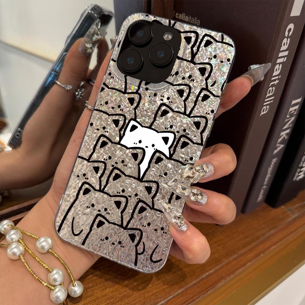 Case for iphone 14 17 Pro XS Max 18 Pro Max 15 13 XR 12 Air 11 16 Plus Silver Glitter Crackle Background Cat Line Patterns