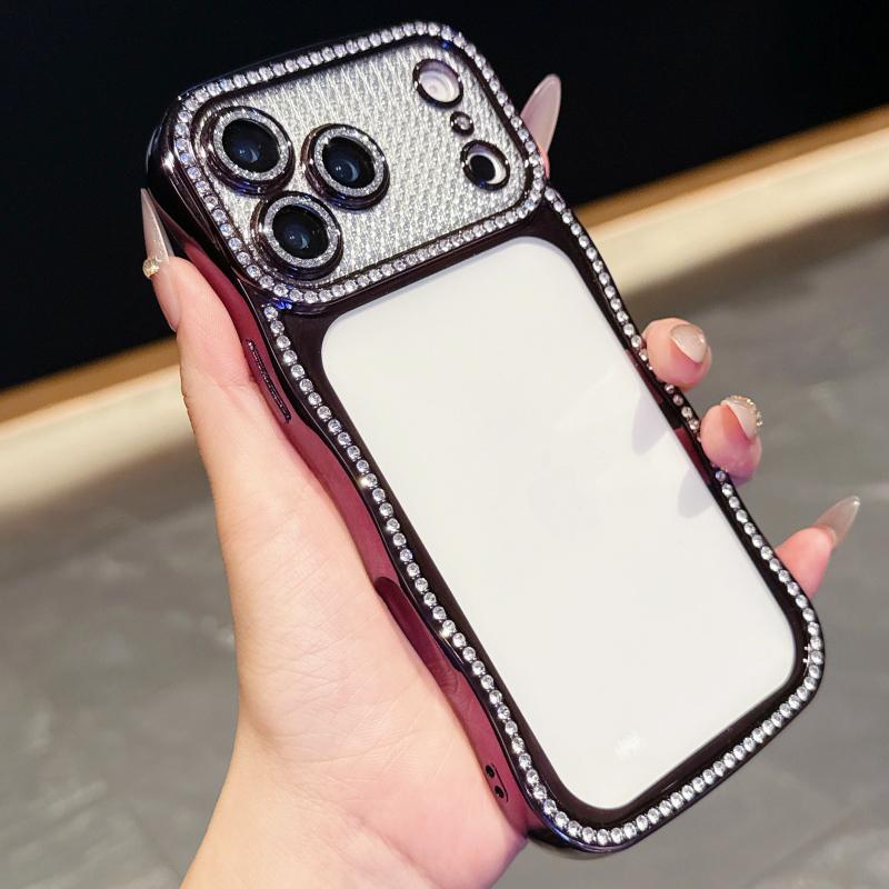 KEYSION Plating Transparent Wavy Rhinestone Phone Case for iPhone 13 14 15 16 17 Pro Max Air 16 Plus Lens Protector Shockproof Cover