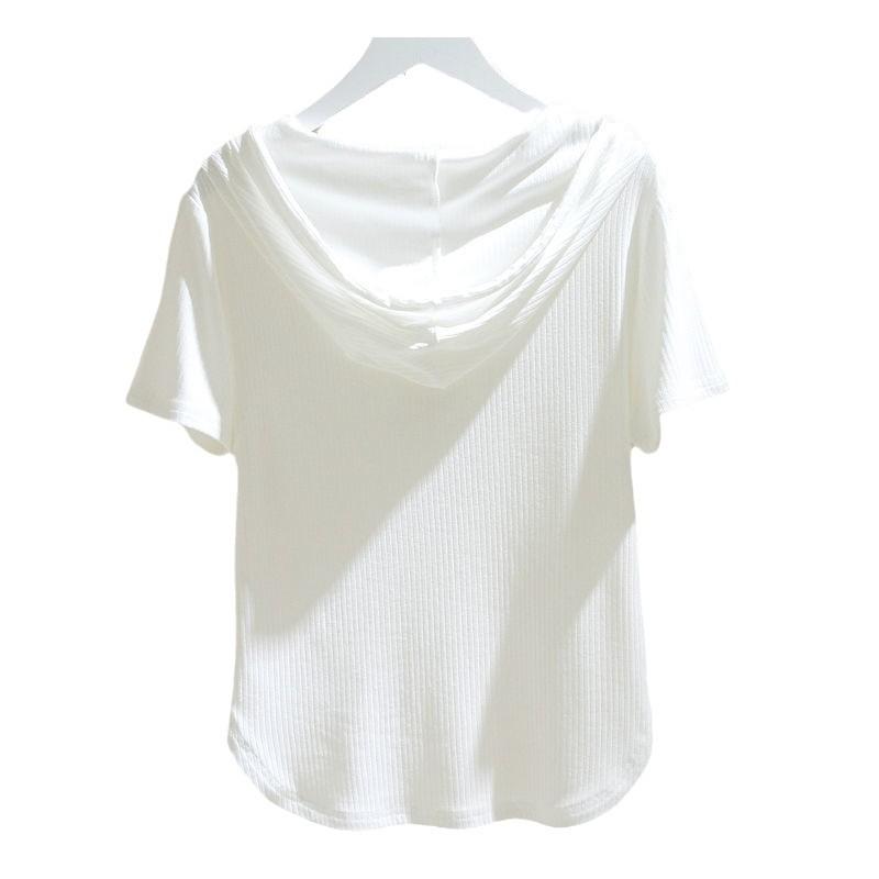White Drawstring Hooded T-shirt for Women for Short-sleeved Summer Fashionable Loose Slim Versatile T-shirt Base Shirt