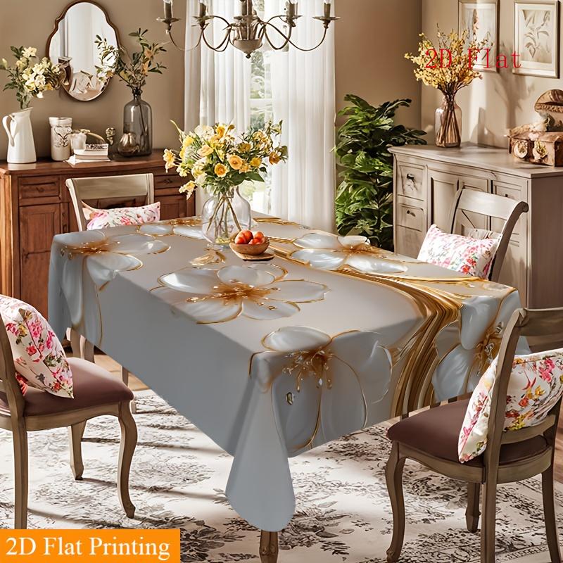 2D Flat 1pc-Fashionable Golden Leaf and White Flower Printed Tablecloth, Home Table Decoration Tablecloth, Washable Table Cover, Suitable for Parties,