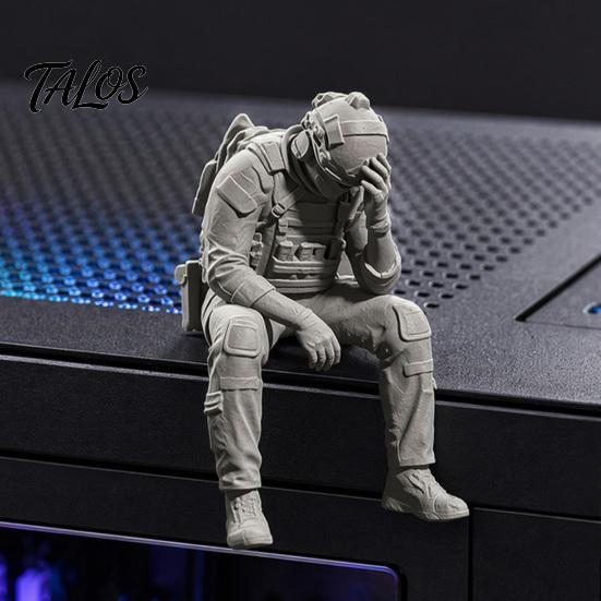 Talos 3D Printed Soldier Figurine Ornament, Sitting Tactical Statue, Funny Tired Sculpture for Table Shelf Edge Decor