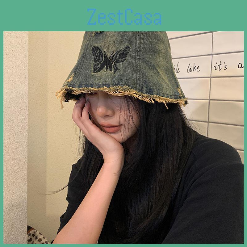 Trendy Retro Embroidery Denim Fisherman Hat For Adults With Chic Butterfly Design