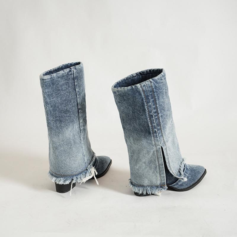 Mode Plissierte Blockabsätze Denim Stiefel für Damen 2024 Herbst Spitzschuh Damenmode Sexy Cowboy Frau Denim Spitzschuh Chunky Stiefel