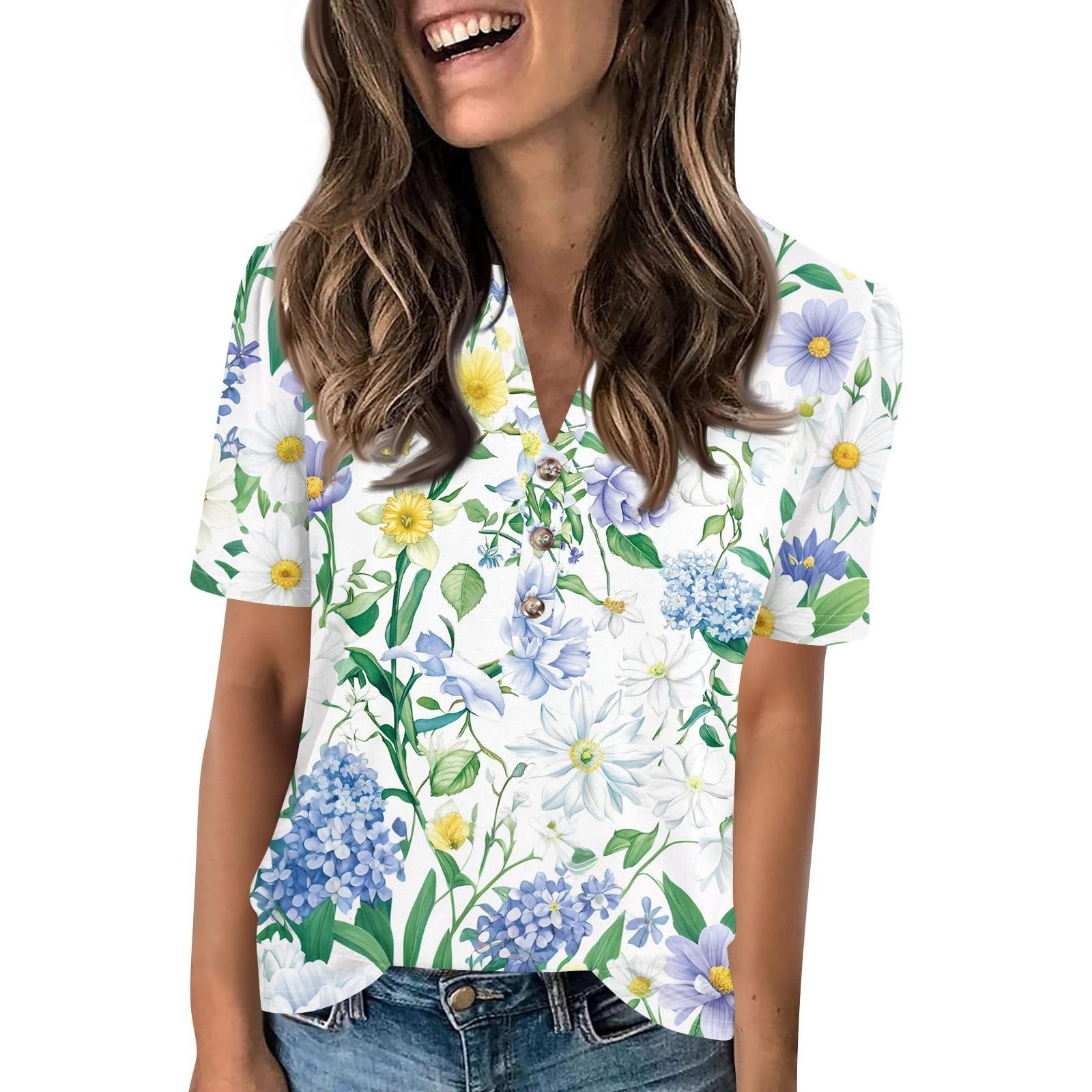 

Женский модный повседневный свитер с коротким рукавом и принтом на пуговицах и V-образным вырезом M