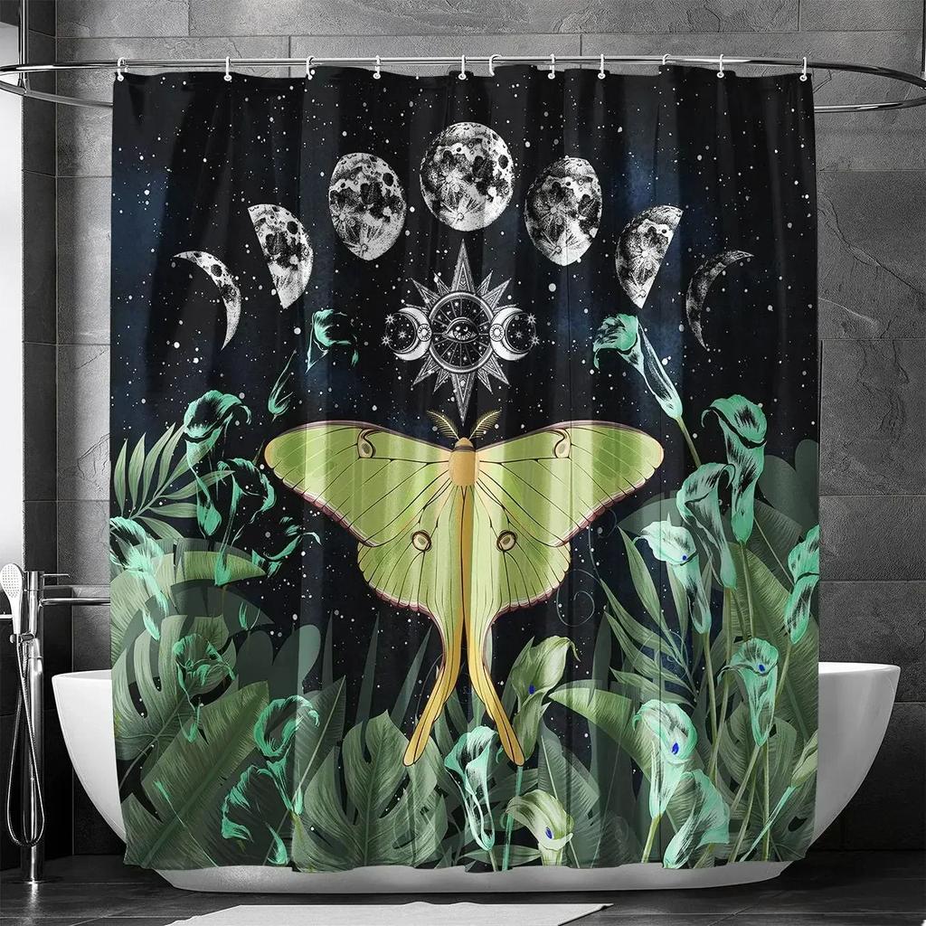 Gold Moth Moon Phase Shower Curtain Gothic Black Butterfly Moonlit Bath Curtain Psychedelic Tarot Bath Curtains Bathroom Sets