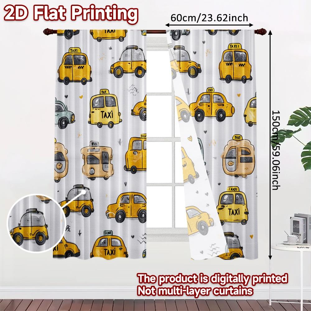 2pcs, 2D FLAT PRINTING Curtains (Without Rod) Happy Cars Holiday Printed Curtains Versatile Durable Polyester Curtains