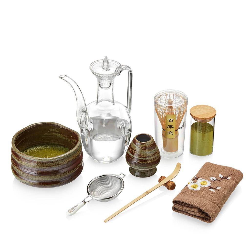 POKALOTEA Matcha Tea Set, 9-Piece Set, Tea Utensils, Matcha Bowl, Chasen, Chashaku, Chakasa, Matcha Sieve, Cotton Tea Cloth, Tea Caddy,