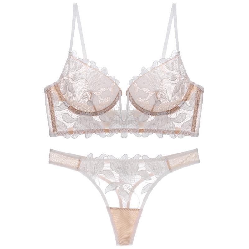 Embroidery Mesh Thong & Bra Set - Sexy Lingerie Dress 300A